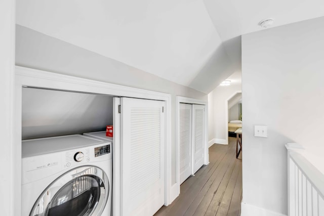 laundry area with washer / clothes dryer and dark hardwood / wood-style floors