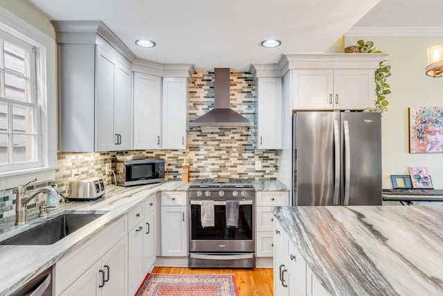 kitchen with white cabinetry, sink, wall chimney exhaust hood, decorative backsplash, and appliances with stainless steel finishes