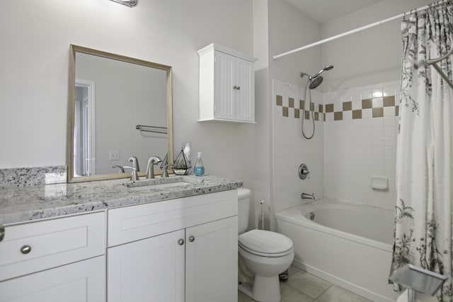 full bathroom featuring toilet, tile patterned flooring, shower / bath combo, and vanity