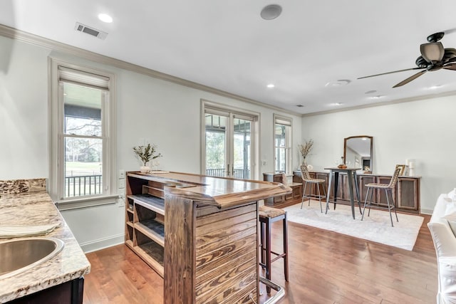 kitchen with visible vents, plenty of natural light, and ornamental molding