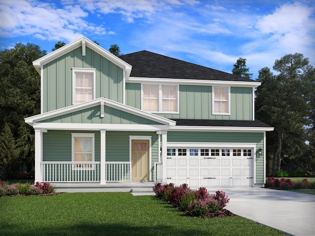 view of front of home with concrete driveway, a porch, an attached garage, a front lawn, and board and batten siding