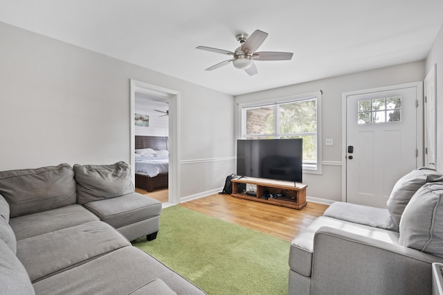 living room with wood-type flooring and ceiling fan