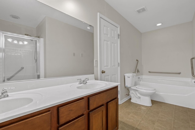 full bathroom featuring tile patterned floors, vanity, toilet, and shower with separate bathtub