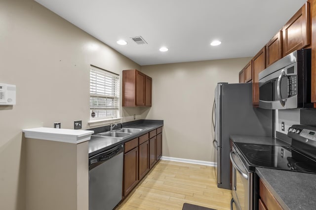 kitchen featuring appliances with stainless steel finishes, sink, and light wood-type flooring