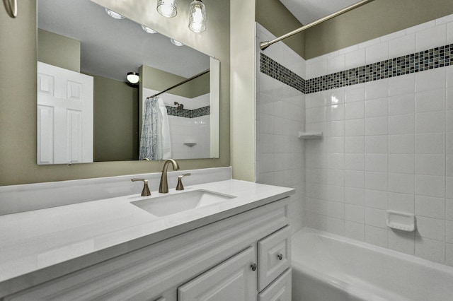 full bath featuring shower / bath combination with curtain and vanity