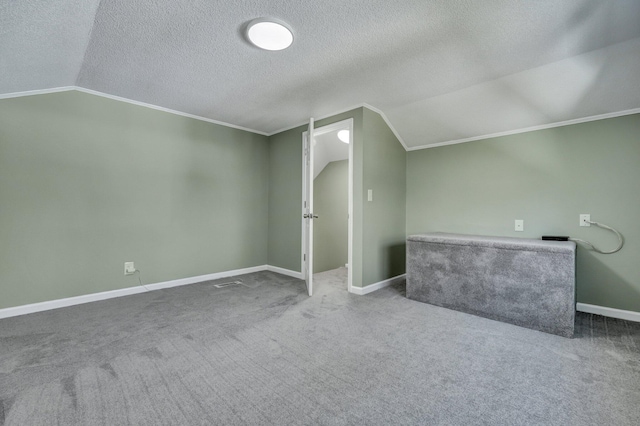 additional living space featuring lofted ceiling, a textured ceiling, carpet flooring, and baseboards