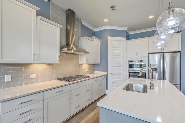 3125 Sturbridge Rd, Mount Pleasant, SC 29466 - kitchen with wall chimney exhaust hood, a sink, appliances with stainless steel finishes, ornamental molding, and light wood-style floors