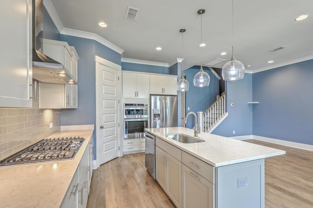 3125 Sturbridge Rd, Mount Pleasant, SC 29466 - kitchen with a sink, stainless steel appliances, ornamental molding, wall chimney range hood, and tasteful backsplash