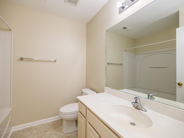 bathroom with vanity, baseboards, tile patterned flooring, toilet, and visible vents