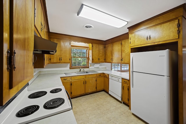 kitchen featuring sink, white appliances, and range hood