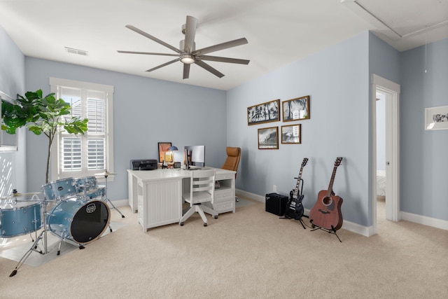 office with ceiling fan and light carpet