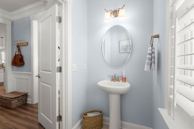 bathroom featuring wood-type flooring, ornamental molding, and sink