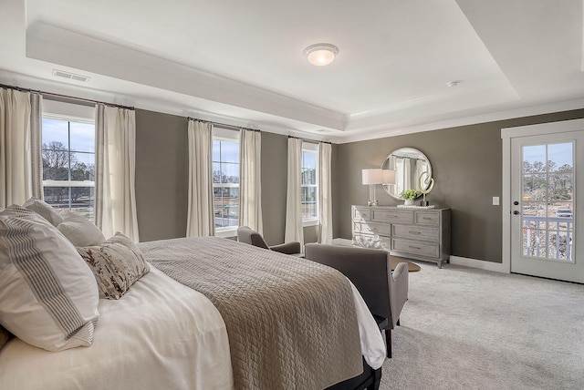 carpeted bedroom with a raised ceiling, access to exterior, and multiple windows