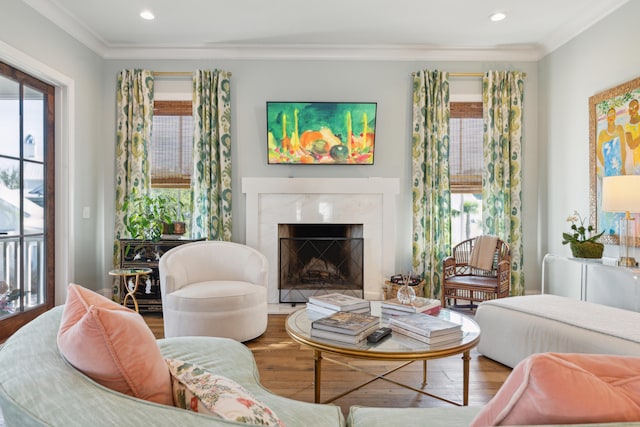 interior space with a premium fireplace, wood-type flooring, and ornamental molding