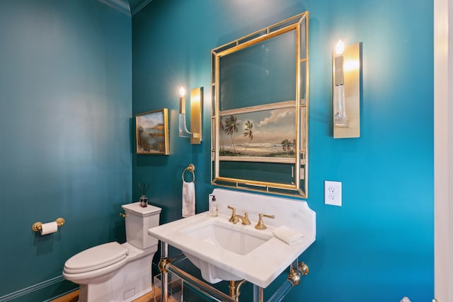 bathroom with toilet, crown molding, and sink