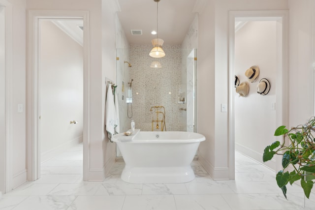 bathroom featuring plus walk in shower and ornamental molding