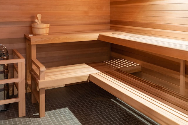 view of sauna featuring tile patterned floors