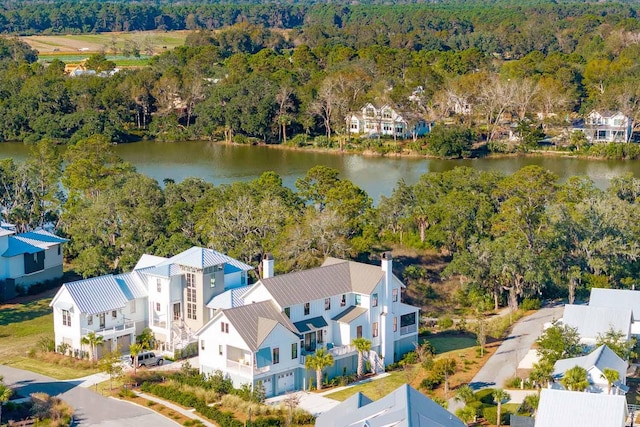 drone / aerial view featuring a water view