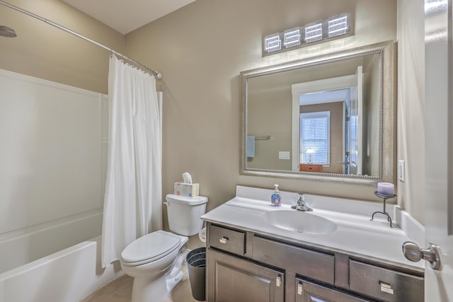 full bathroom featuring toilet, tile patterned flooring, shower / tub combo with curtain, and vanity