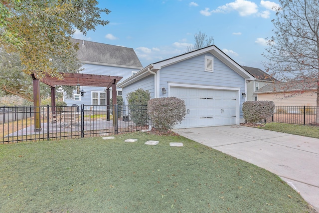 view of front facade featuring a garage, a front lawn, and a pergola