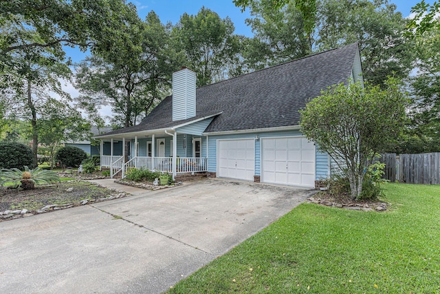 view of front of house with a garage, a front yard, and covered porch