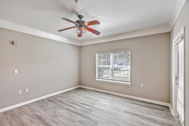 unfurnished bedroom with ornamental molding, ceiling fan, and light hardwood / wood-style flooring