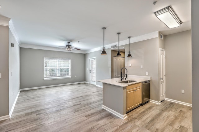 kitchen featuring decorative light fixtures, dishwasher, sink, ornamental molding, and light wood-type flooring