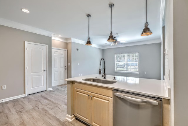 kitchen with sink, crown molding, decorative light fixtures, light brown cabinets, and dishwasher