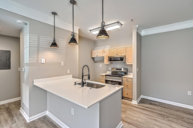 kitchen featuring electric stove, sink, electric panel, decorative light fixtures, and kitchen peninsula