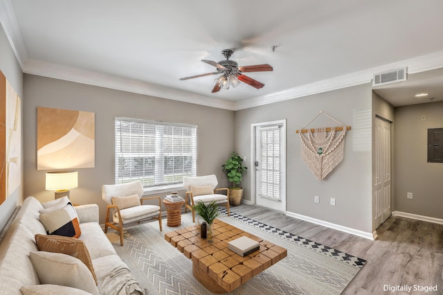 living room with ceiling fan, ornamental molding, electric panel, and hardwood / wood-style floors