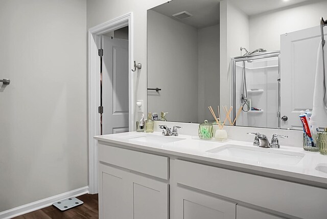 513 Donnas View Way, Summerville, SC 29486 - full bath featuring double vanity, wood finished floors, an enclosed shower, and baseboards