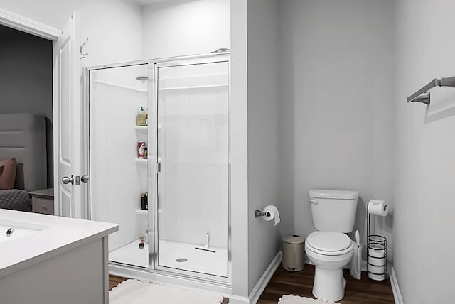 513 Donnas View Way, Summerville, SC 29486 - bathroom with wood finished floors, a shower stall, vanity, toilet, and baseboards