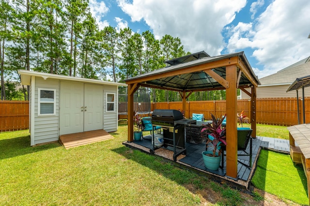 exterior space with a gazebo, a patio, and a storage shed