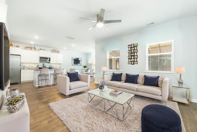 living room featuring ceiling fan and wood-type flooring