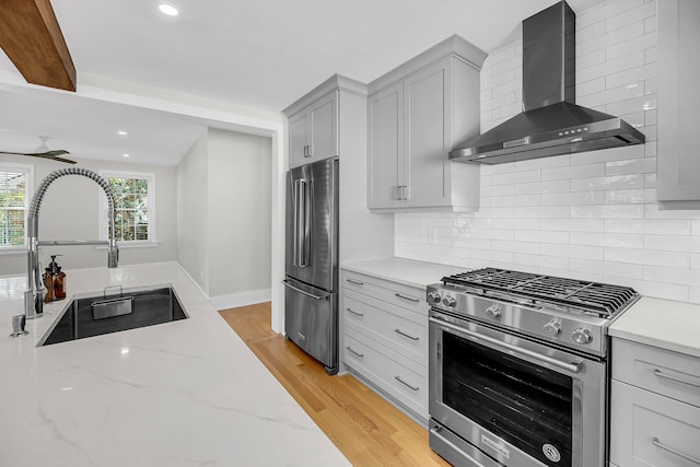 31 Lyttleton St, Charleston, SC 29407 - kitchen featuring wall chimney exhaust hood, high quality appliances, a sink, gray cabinets, and light wood-style flooring