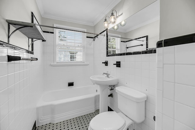 31 Lyttleton St, Charleston, SC 29407 - full bathroom with tile walls, toilet, ornamental molding, and shower / bath combination