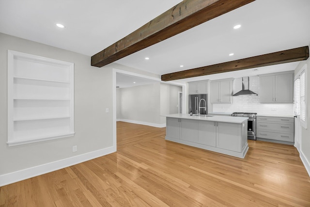 31 Lyttleton St, Charleston, SC 29407 - kitchen with stainless steel appliances, wall chimney exhaust hood, a sink, recessed lighting, and baseboards