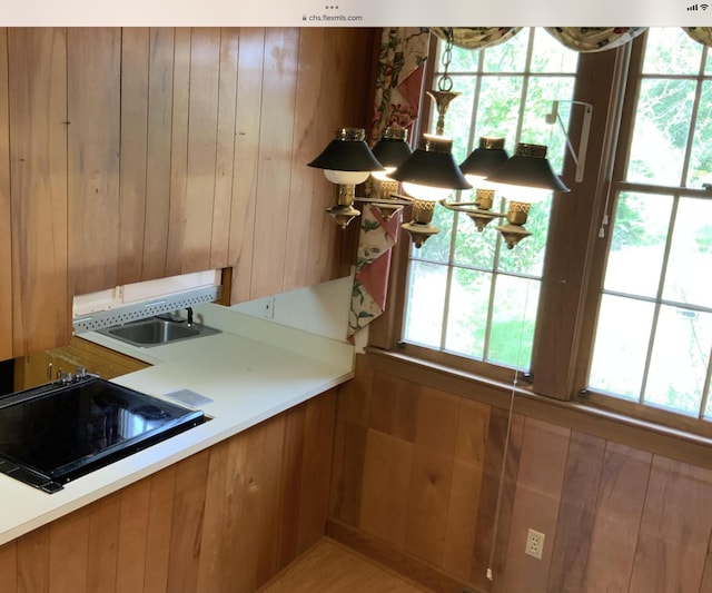 kitchen with wooden walls, black electric stovetop, brown cabinetry, and light countertops