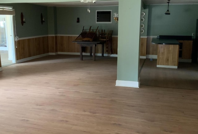 interior space featuring a wainscoted wall, wood walls, and wood finished floors