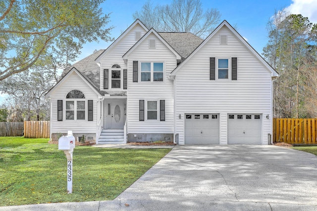 traditional-style house featuring a front yard, fence, roof with shingles, driveway, and crawl space