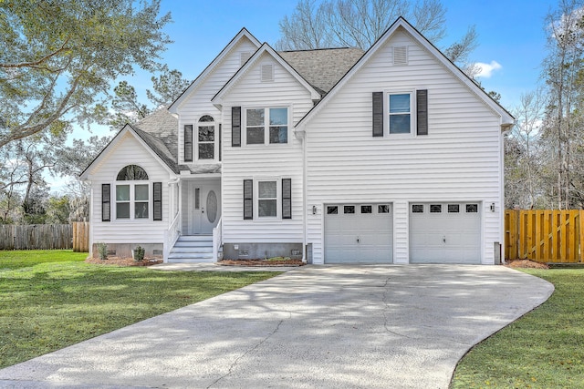 traditional home featuring driveway, a front lawn, fence, a shingled roof, and crawl space