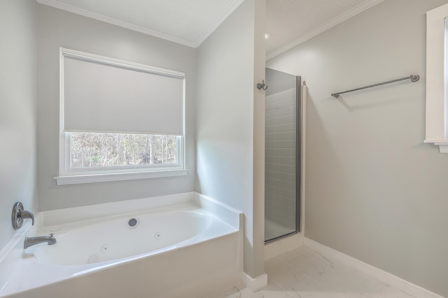 bathroom with a tub with jets, baseboards, a stall shower, crown molding, and marble finish floor