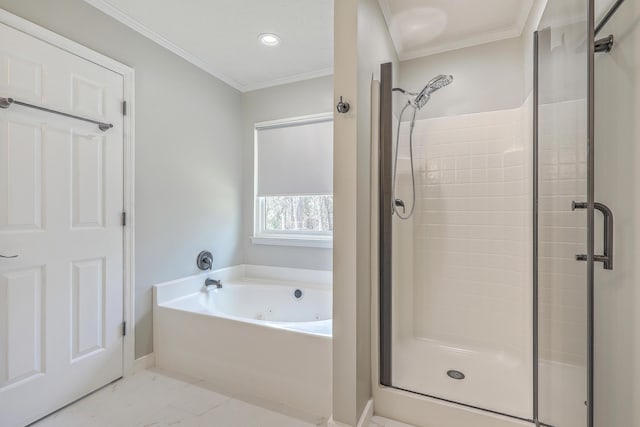 bathroom with baseboards, a whirlpool tub, a shower stall, crown molding, and marble finish floor