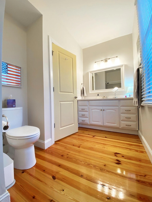 bathroom with vanity, toilet, and wood-type flooring