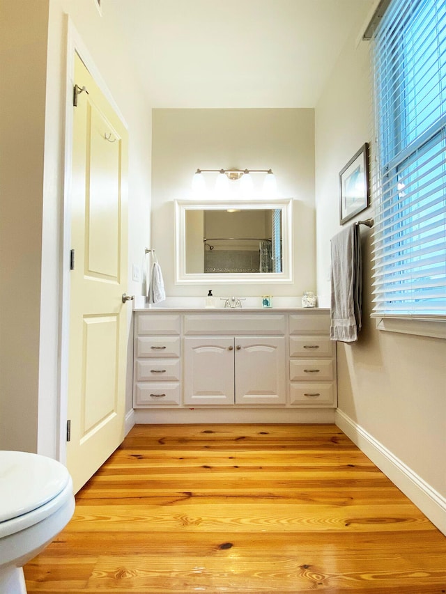 bathroom with wood-type flooring, vanity, and toilet