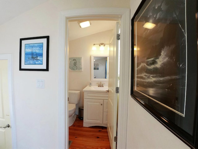 corridor with dark hardwood / wood-style flooring, lofted ceiling, and sink