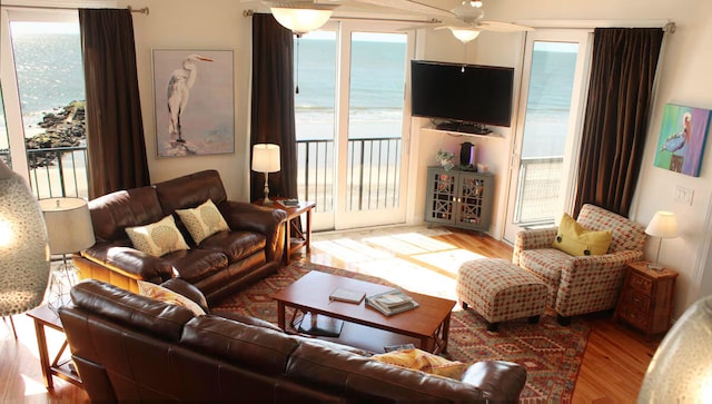 living room featuring ceiling fan, light hardwood / wood-style floors, and a wealth of natural light