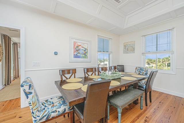 dining space with hardwood / wood-style flooring, plenty of natural light, and coffered ceiling