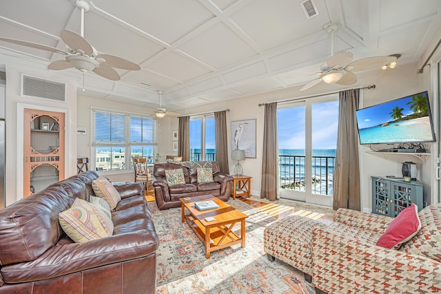 living room with beam ceiling, hardwood / wood-style floors, and coffered ceiling