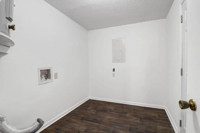 washroom with laundry area, electric panel, dark wood finished floors, hookup for a washing machine, and a textured ceiling